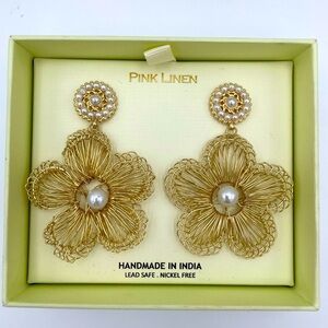 Pink Linen Gold with Pearl Flower Drop Earrings NIB